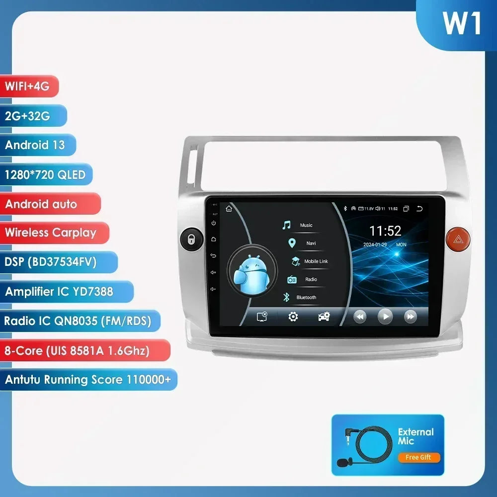 Citroen C4 C-Quatro 2004-2009  9" Android 14 Carplay Android auto wireless wifi bt gps 4g  AUTM4029