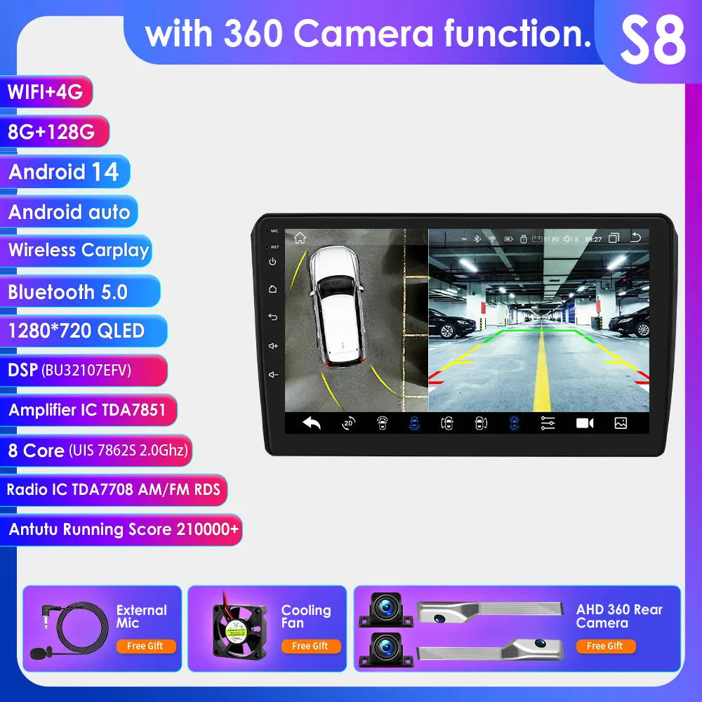 Audi RS3 Sportback A3 8P S3 2003-2012 9" Android 14 Carplay Android auto wireless wifi bt gps 4g  AUTMS8L6