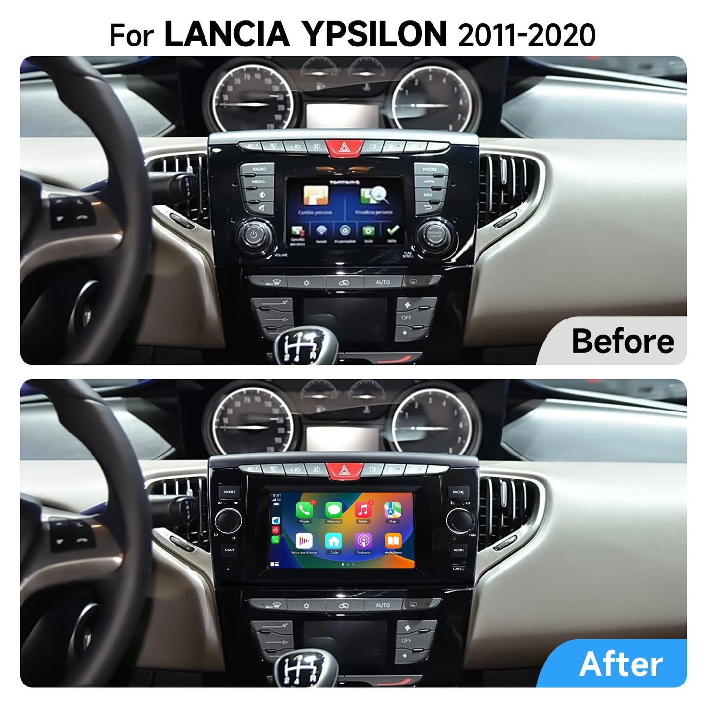 LANCIA YPSILON 2012-2022  7" Android 13 Carplay Android auto wireless wifi bt gps 4g AUTM4W3T