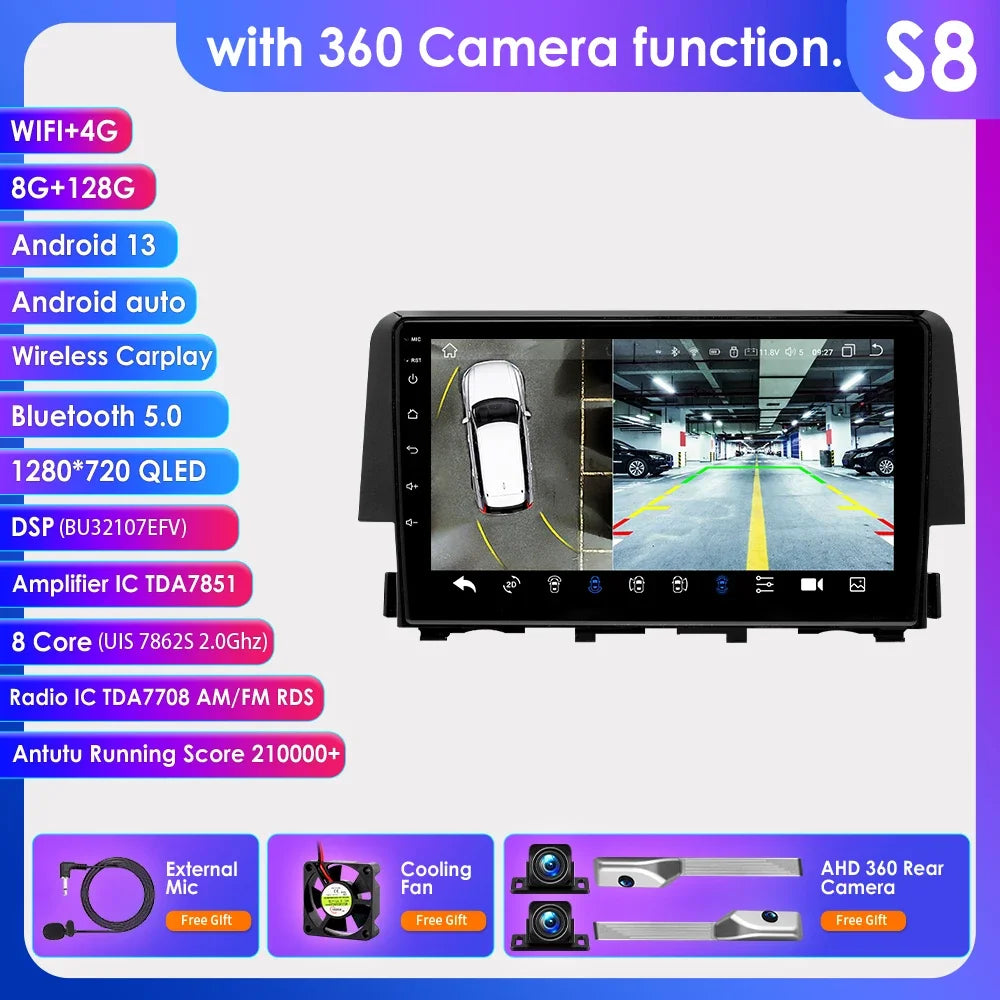 Honda Civic 10th 2016-2018 9'' Android 14 Carplay Android auto wireless wifi bt gps 4g RDS AUTMCDNH2