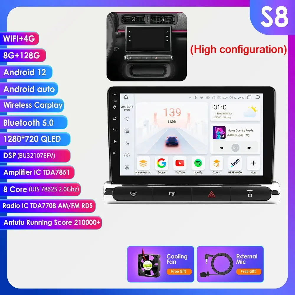 Citroen C3 C4 Aircorss  2017 - 2023 9" ANDROID 12 Carplay Android auto wireless radio RDS WIFI GPS BT USB AUTMCTRC349