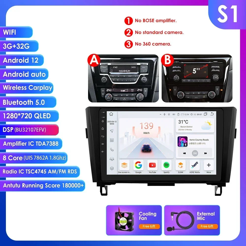 Nissan X-Trail Xtrail X Trail 3 T32 Qashqai 2 J11 2014-2018  10" Android 14 Carplay Android auto wireless wifi bt gps 4g AUTMSINJ11