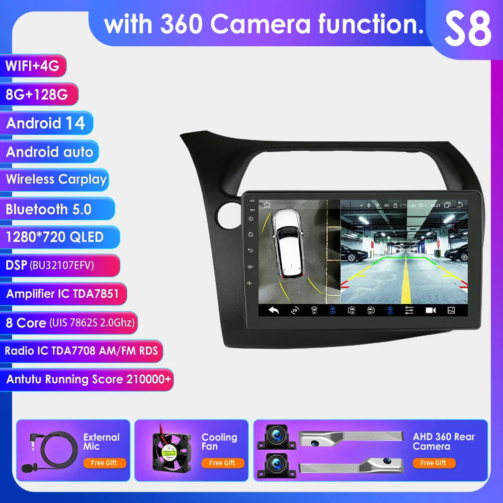 Honda Civic Hatchback 2005-2011 9" Android 14 Carplay Android auto wireless wifi bt gps 4g AUTMKCHCA
