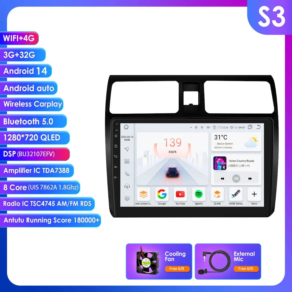 Suzuki Swift 2005-2010 9" Android 14 Carplay Android auto wireless wifi bt gps 4g AUTMTSDHF