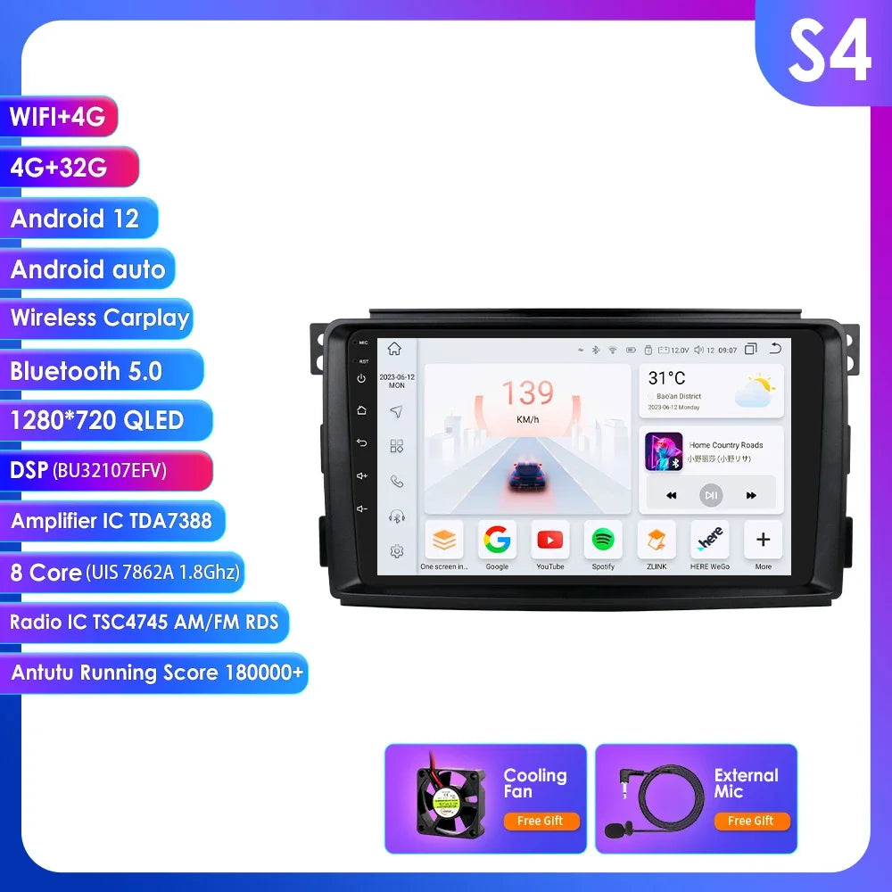 Smart Fortwo 2006-2010 9" Android 14 Carplay Android auto wireless wifi bt gps 4g AUTMB3CC