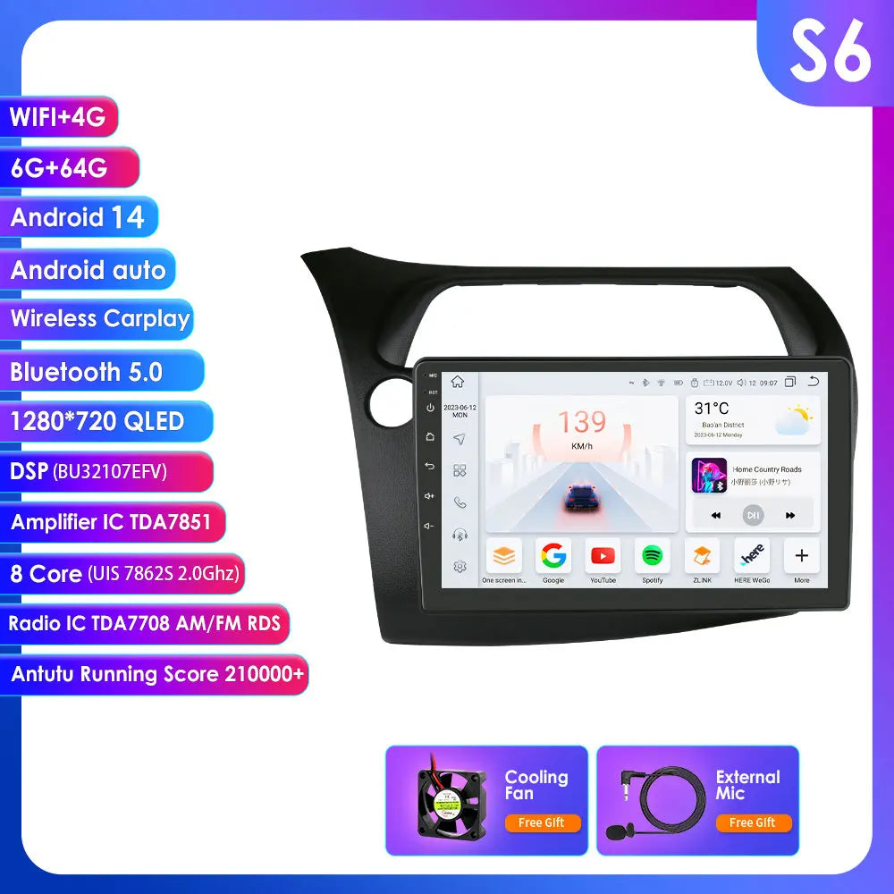 Honda Civic Hatchback 2005-2011 9" Android 14 Carplay Android auto wireless wifi bt gps 4g AUTMKCHCA