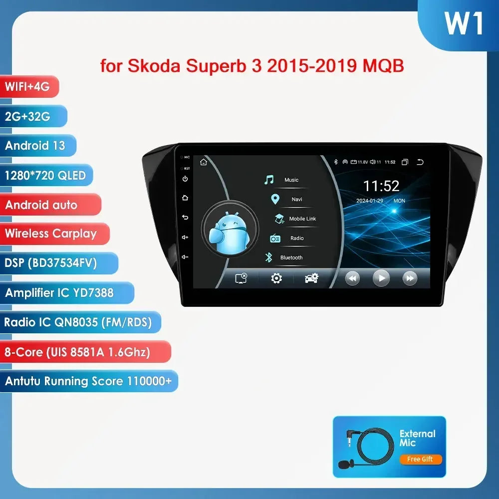 Skoda Superb 3 2015 - 2019 10,1" / 10,33" Android 14 Carplay Android auto wireless wifi bt gps 4g  AUTM1J1R