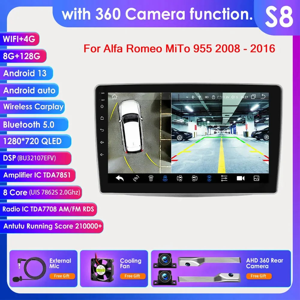 Alfa Romeo MiTo 955 2008-2016 9" Android 14 Carplay Android auto wireless wifi bt gps 4g AUTM5QGH