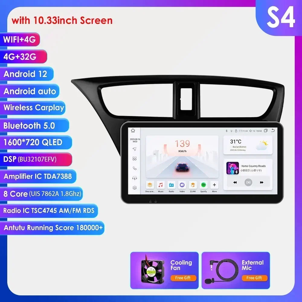 Honda Civic 9 FK FB 2012 - 2017 9" Android 14 Carplay Android auto wireless wifi bt gps 4g AUTMSGOW