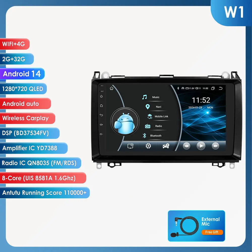 Mercedes Benz B200 Sprinter W906 W639 AB Class W169 W245 Viano Vito 9" Android 14 Carplay Android auto wireless wifi bt gps 4g  AUTM82WU
