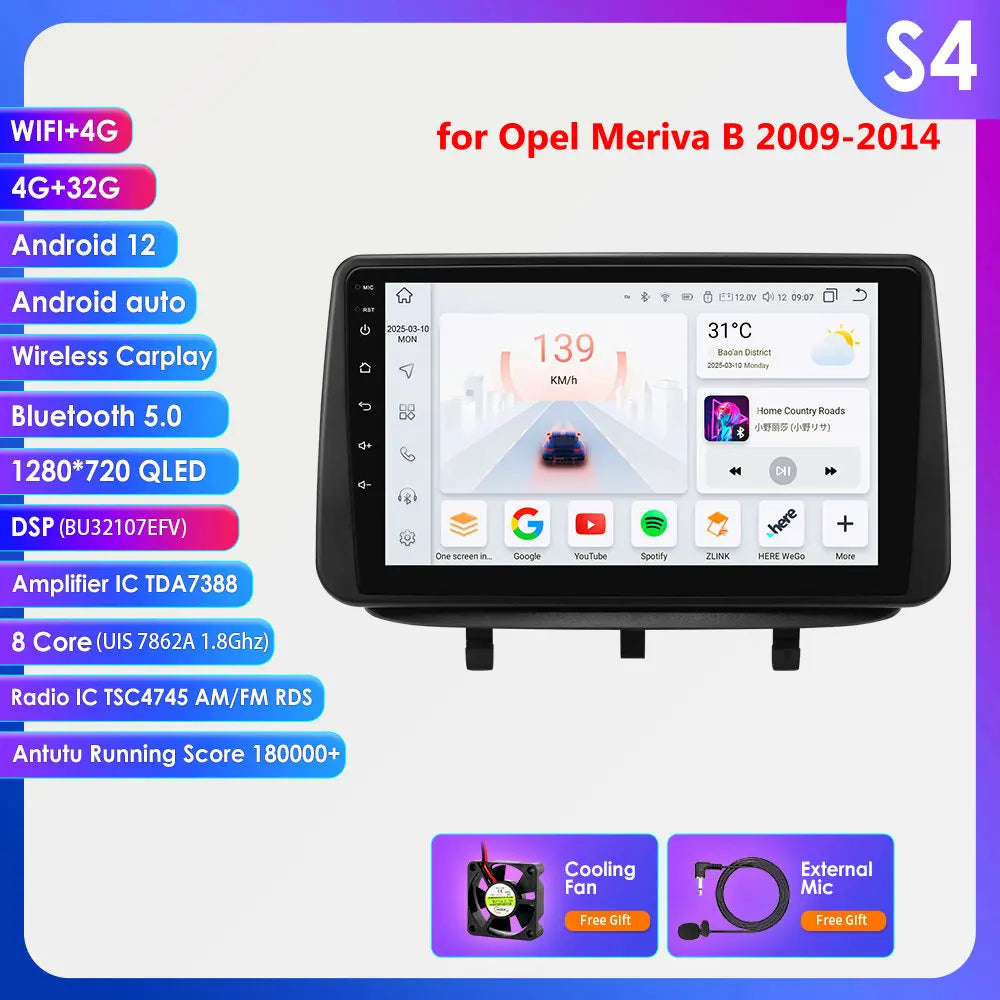Opel Meriva B 2009-2014 9" Android 14 Carplay Android auto wireless wifi bt gps 4g  AUTMJY5X