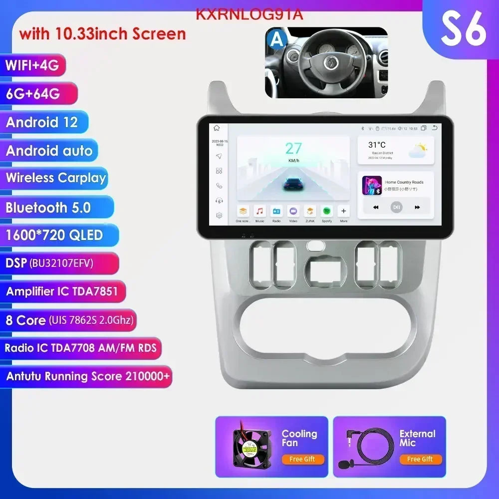 Dacia Logan I Sandero 2009-2015 9" Android 14 Carplay Android auto wireless wifi bt gps 4g  AUTMVG9Z