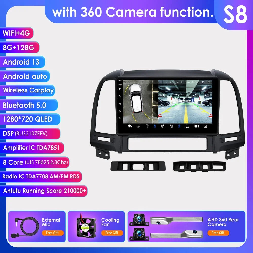 Hyundai Santa Fe 2 2006 - 2012 9" Android 14 Carplay Android auto wireless wifi bt gps 4g  AUTMC8Y7