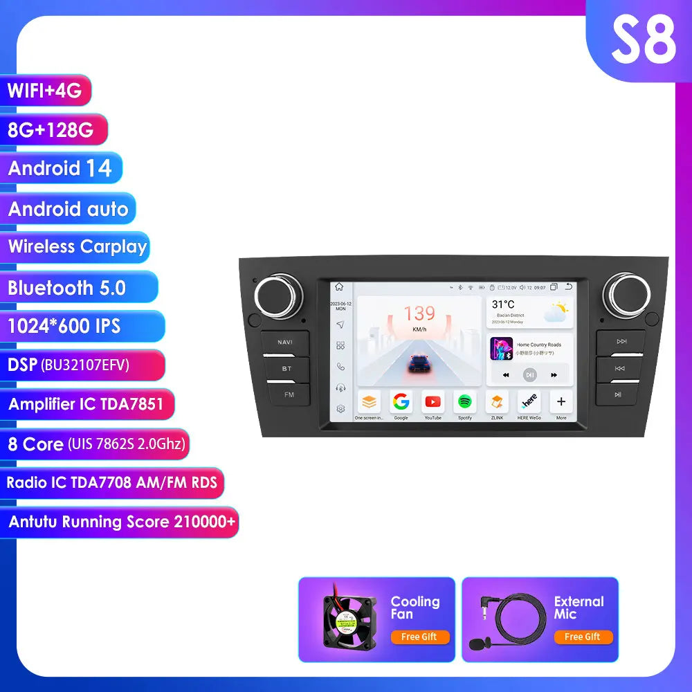 BMW E90/E91/E92/E93 3 Series 2006-2012 7" Android 14 Carplay Android auto wireless wifi bt gps 4g  AUTM70P3
