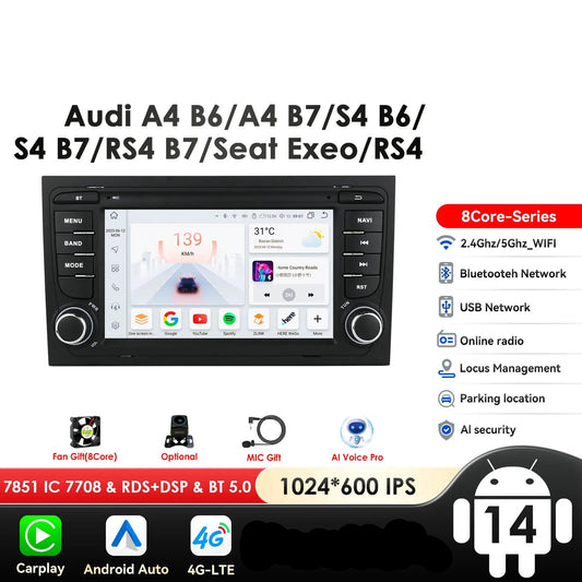 Audi A4 B9 B8 B7 B6 S4 RS4 SEAT Exeo 200-2008 7" Android 14 Carplay Android auto wireless wifi bt gps 4g AUTM1EB1