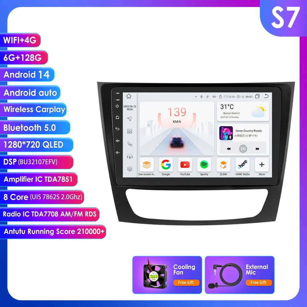 Mercedes Benz E-Class W211 E200 E220 E300 E350 E240 E270 E280 CLS W219 55 C W463 CLK 9" Android 14 Carplay Android auto wireless wifi bt gps 4g AUTMPAP0