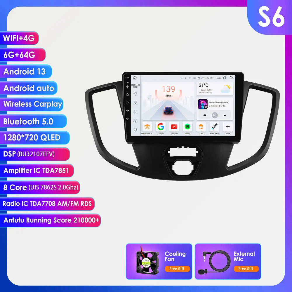 Ford Transit 2015-2018 9" Android 14 Carplay Android auto wireless wifi bt gps 4g  AUTMVLPD
