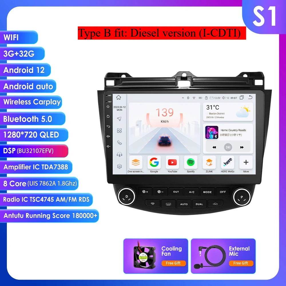 Honda Accord 7 2003 - 2007 9" Android 14 Carplay Android auto wireless wifi bt gps 4g AUTMDROH