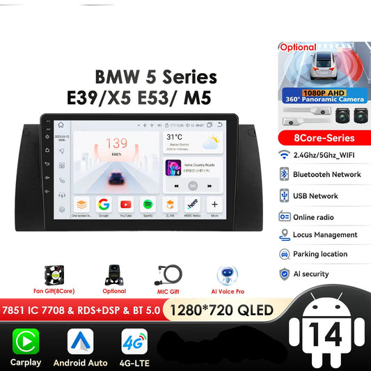 BMW 5 E39 E53 X5 1995-2006 9" Android 14 Carplay Android auto wireless wifi bt gps 4g  AUTM4O3C