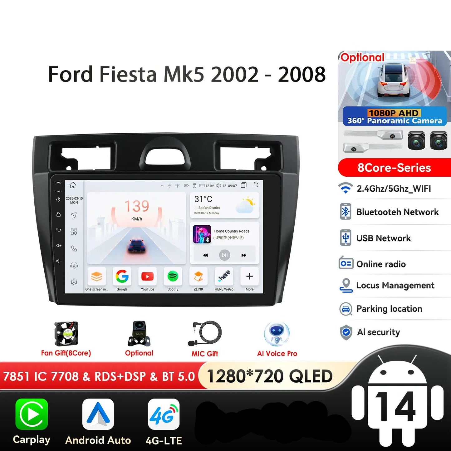 Ford Fiesta Mk VI 5 Mk5 2002 - 2008 9" Android 14 Carplay Android auto wireless wifi bt gps 4g  AUTMRL7L