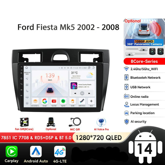 Ford Fiesta Mk VI 5 Mk5 2002 - 2008 9" Android 14 Carplay Android auto wireless wifi bt gps 4g  AUTMRL7L
