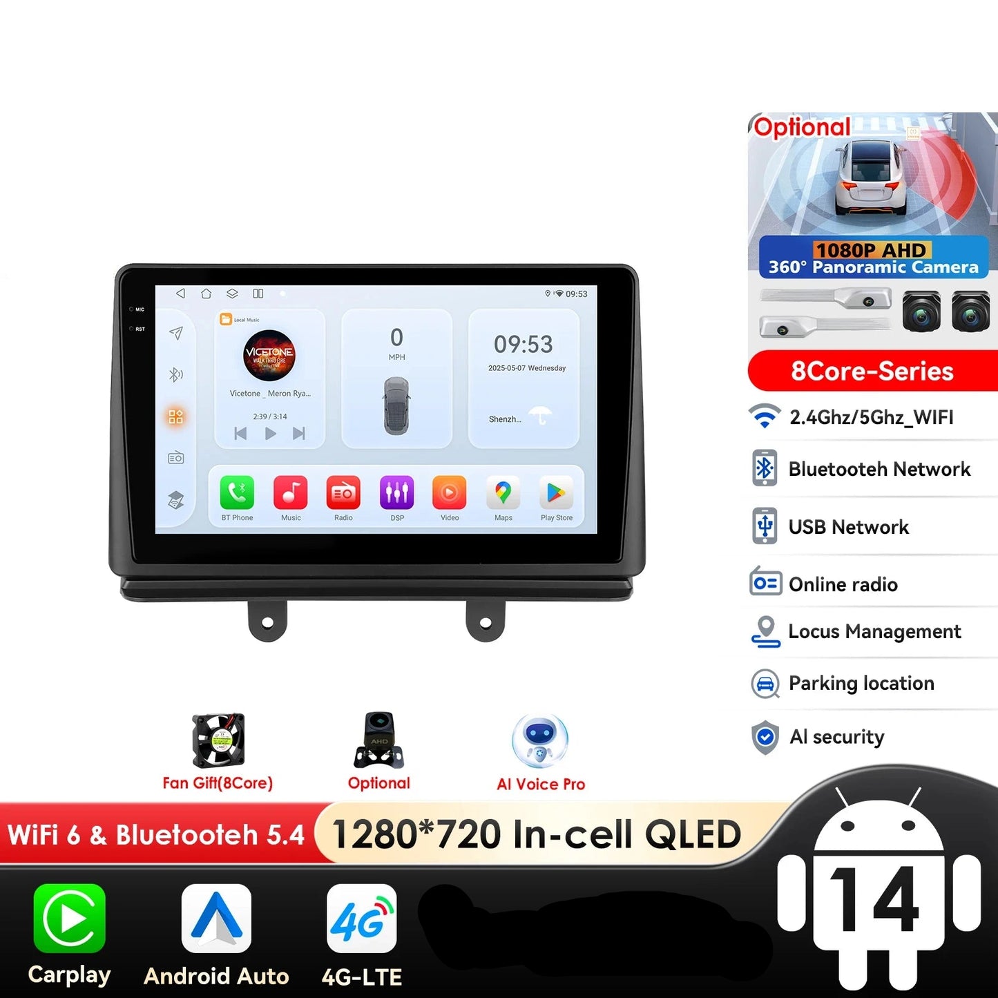 Fiat Doblo 2002-2009 9" Android 14 Carplay Android auto wireless wifi bt gps 4g AUTMJ1D0