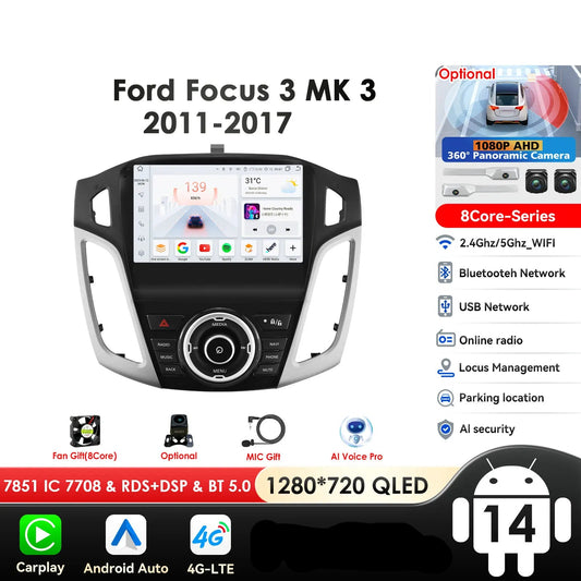 Ford Focus 3 Mk 3 2011 - 2019 9" Android 14 Carplay Android auto wireless wifi bt gps 4g  AUTMSYSF