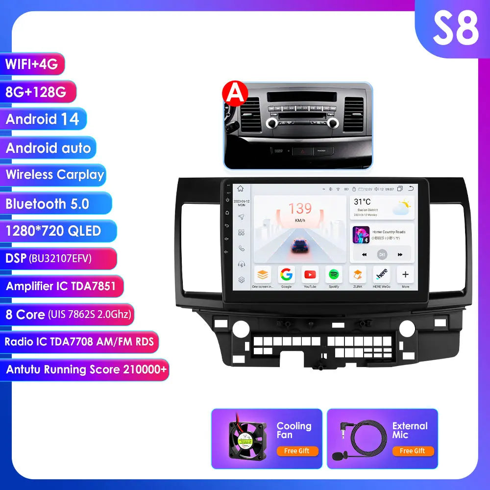 Mitsubishi Lancer 2007-2012 9" Android 14 Carplay Android auto wireless wifi bt gps 4g AUTMLCRMT
