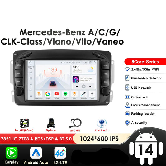 Mercedes Benz CLK C209 W209 W203 W463 W168 Viano 7" Android 14 Carplay Android auto wireless wifi bt gps 4g  AUTM3WB7