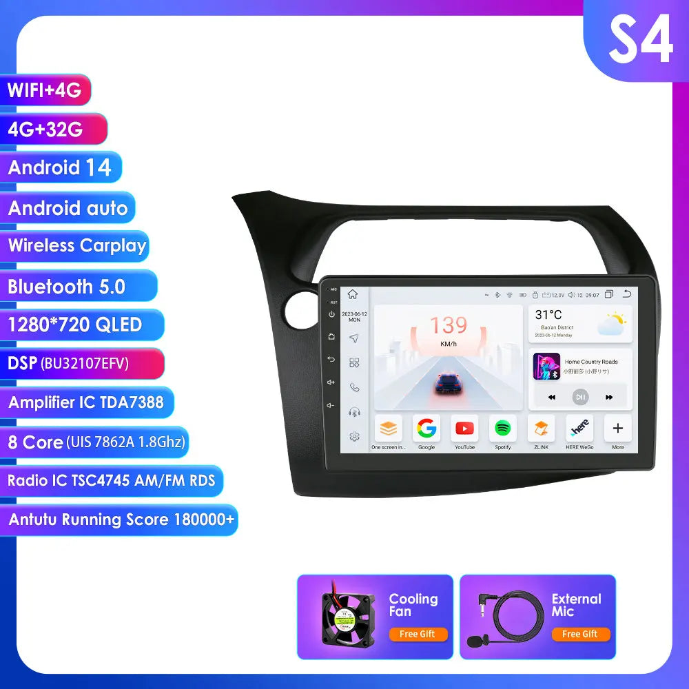Honda Civic Hatchback 2005-2011 9" Android 14 Carplay Android auto wireless wifi bt gps 4g AUTMKCHCA