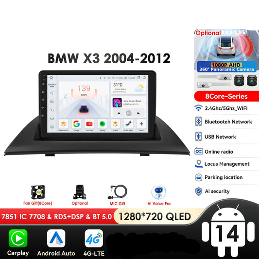 BMW X3 E83 2004- 2012 9" Android 14 Carplay Android auto wireless wifi bt gps 4g AUTMW98Z