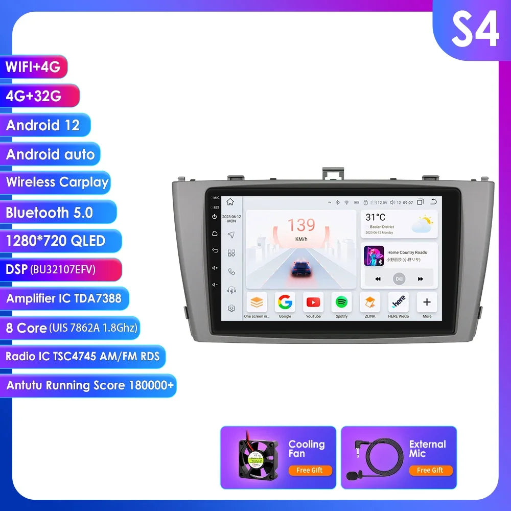 Toyota Avensis T27 2008 - 2015 9" Android 14 Carplay Android auto wireless wifi bt gps 4g  AUTMAVSTY