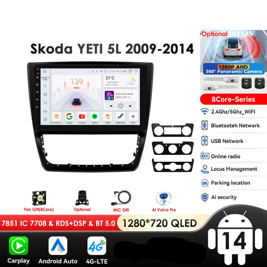 Skoda Yeti 5L 2009-2014 10,1" Android 14 Carplay Android auto wireless wifi bt gps 4g  AUTMDTJX