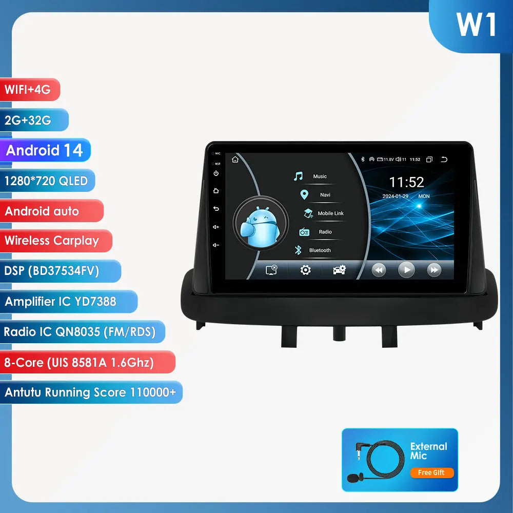 Renault Megane 3 Fluence Samsung SM3 2008-2014 9" Android 14 Carplay Android auto wireless wifi bt gps 4g  AUTMNXGW