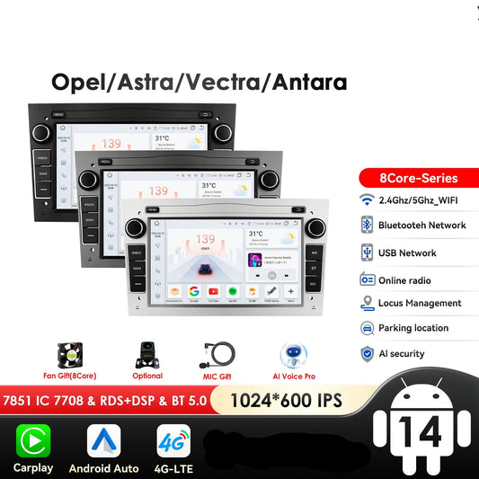 Opel Astra H J 2004 Vectra Vauxhall Antara Zafira Corsa C D Vivaro Meriva 7" Android 14 Carplay Android auto wireless wifi bt gps 4g   AUTMV0E4