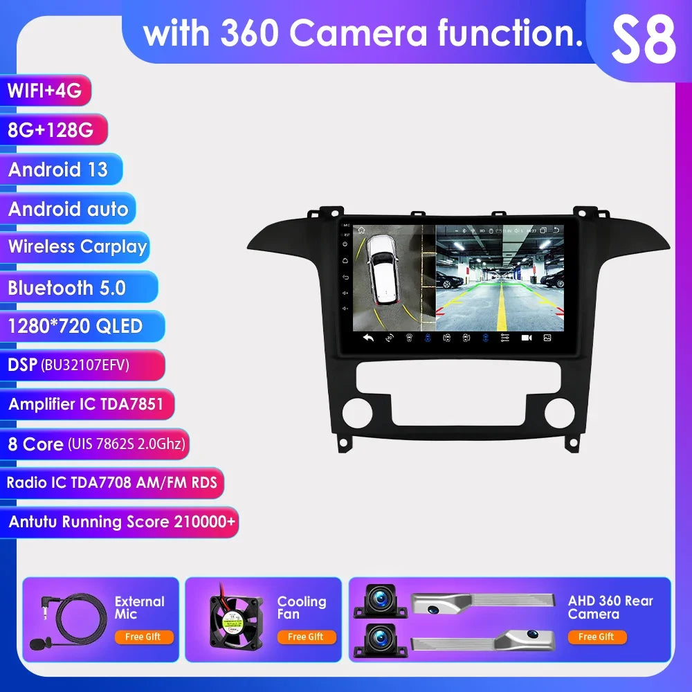 Ford S Max S-MAX 2007-2015 9" Android 14 Carplay Android auto wireless wifi bt gps 4g  AUTMUZ3Y