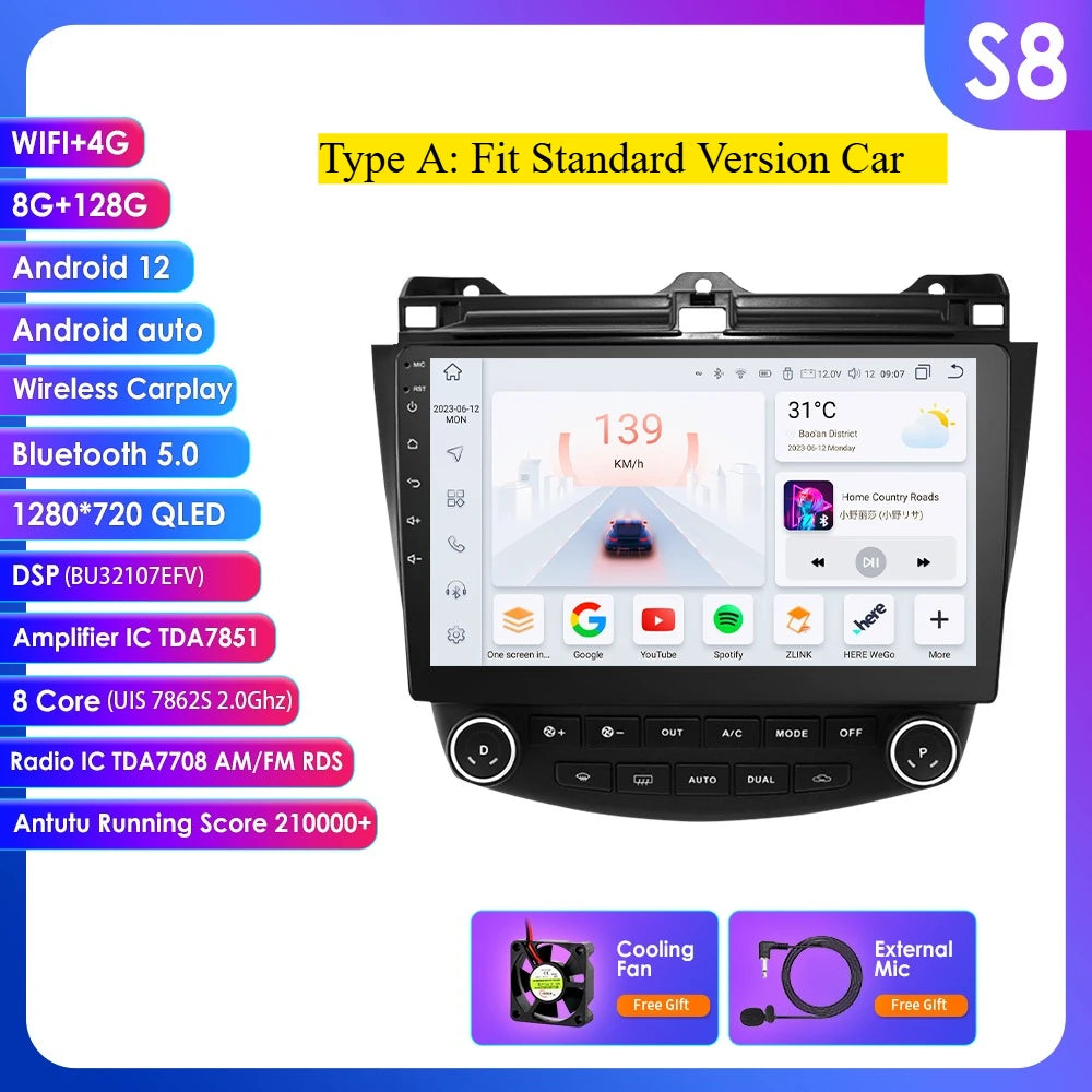 Honda Accord 7 2003 - 2007 9" Android 14 Carplay Android auto wireless wifi bt gps 4g AUTMDROH