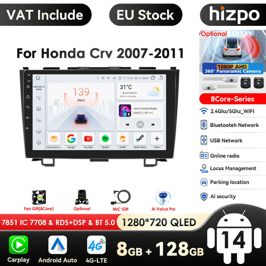 Honda CRV CR-V 2007-2011 9" Android 14 Carplay Android auto wireless wifi bt gps 4g AUTML773G