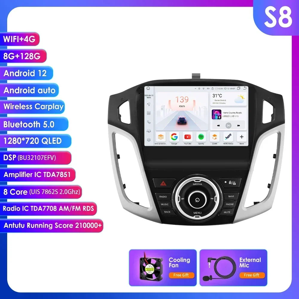 Ford Focus 3 Mk 3 2011 - 2019 9" Android 14 Carplay Android auto wireless wifi bt gps 4g  AUTMSYSF