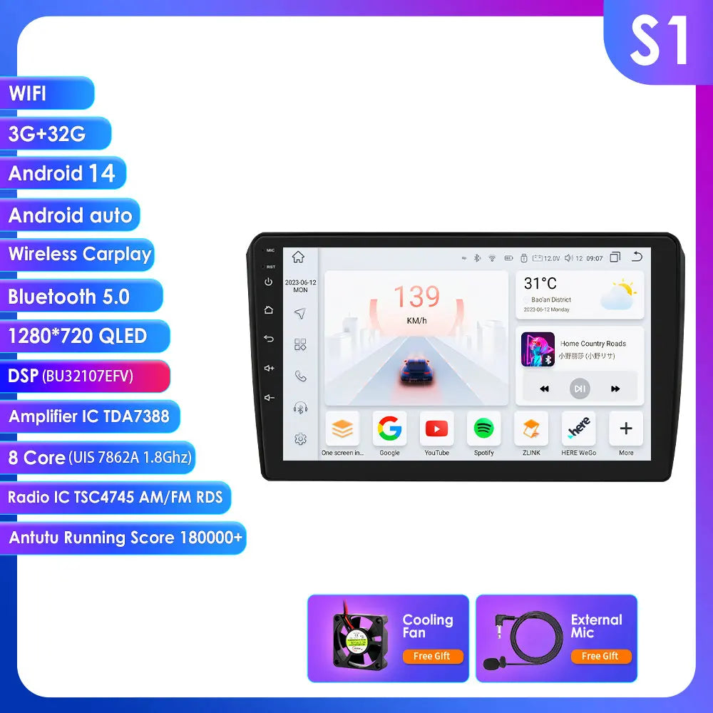 Audi RS3 Sportback A3 8P S3 2003-2012 9" Android 14 Carplay Android auto wireless wifi bt gps 4g  AUTMS8L6