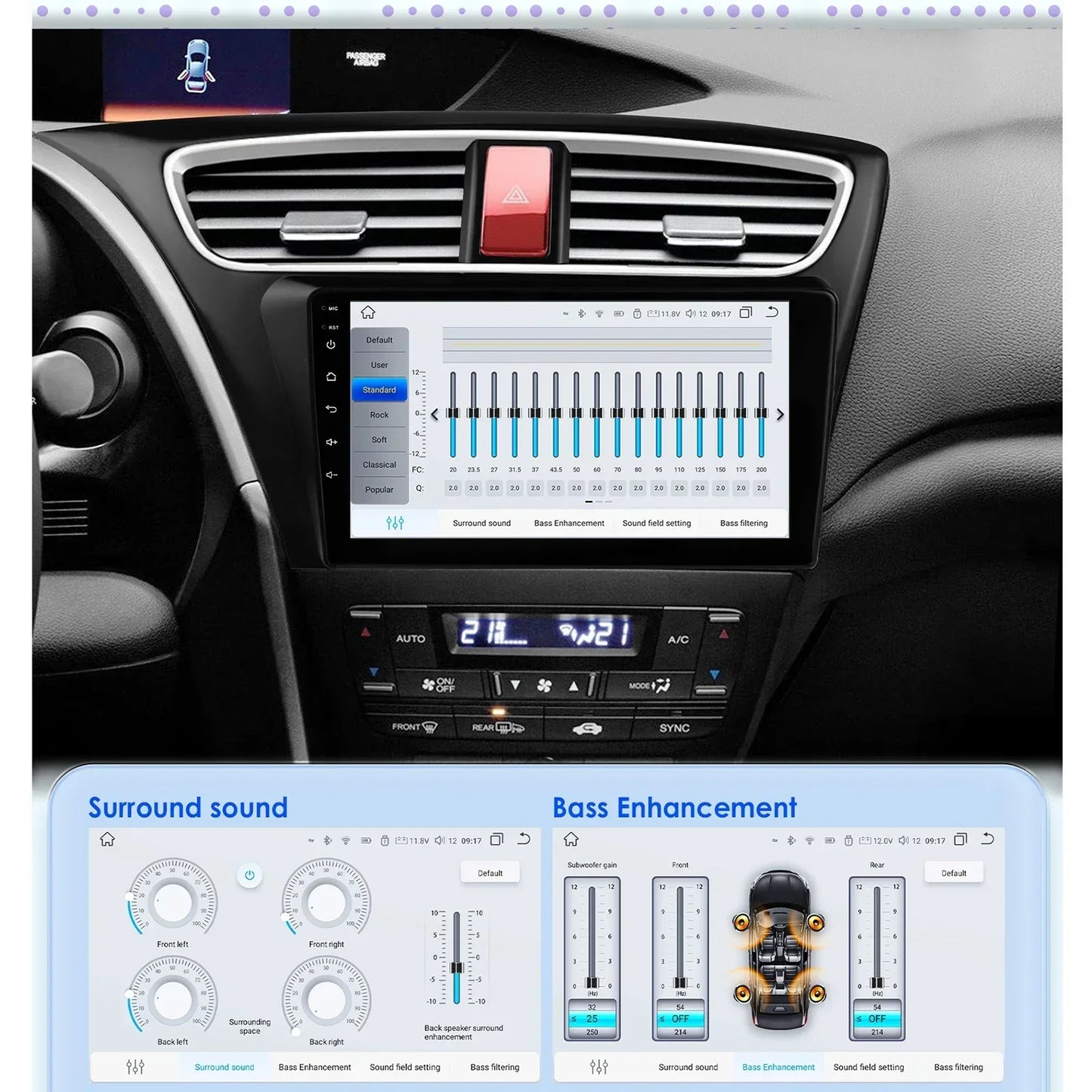 Honda Civic 9 FK FB 2012 - 2017 9" Android 14 Carplay Android auto wireless wifi bt gps 4g AUTMSGOW