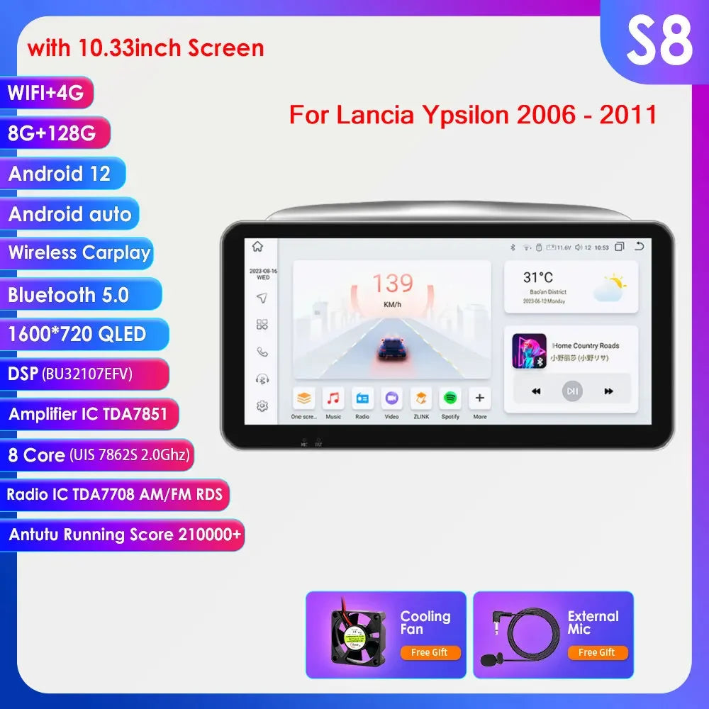 Lancia Ypsilon 2006 - 2011 9" / 10,33" Android 14 Carplay Android auto wireless wifi bt gps 4g  AUTMNYFZ