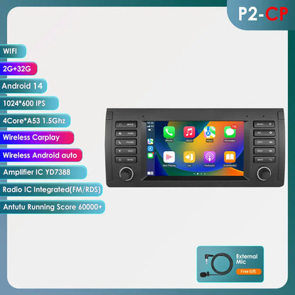 BMW 5 Series E39 X5 E53 M5 1996-2003 9" Android 14 Carplay Android auto wireless wifi bt gps 4g AUTMK1HA