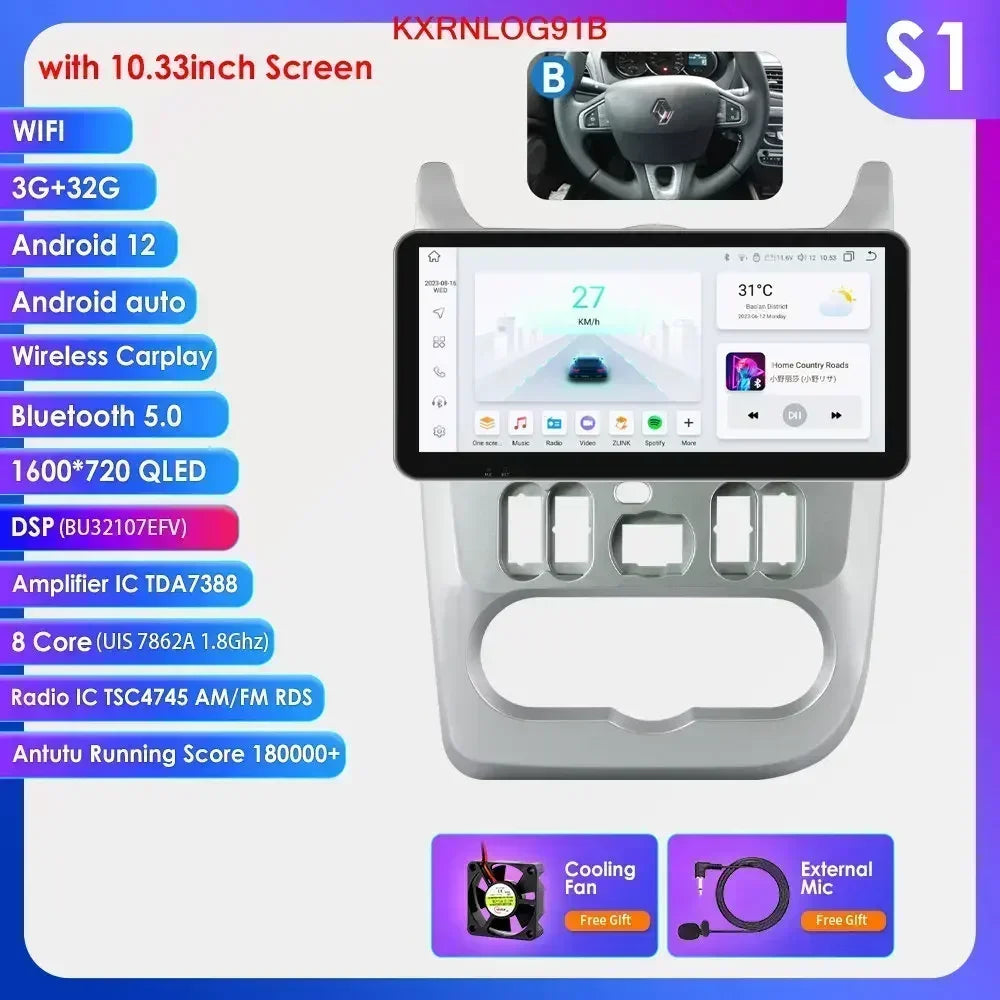 Dacia Logan I Sandero 2009-2015 9" Android 14 Carplay Android auto wireless wifi bt gps 4g  AUTMVG9Z