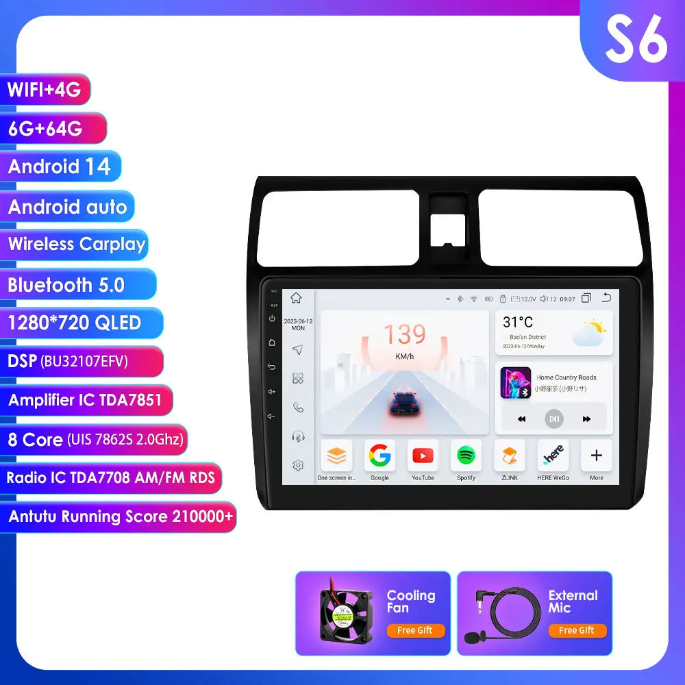 Suzuki Swift 2005-2010 9" Android 14 Carplay Android auto wireless wifi bt gps 4g AUTMTSDHF