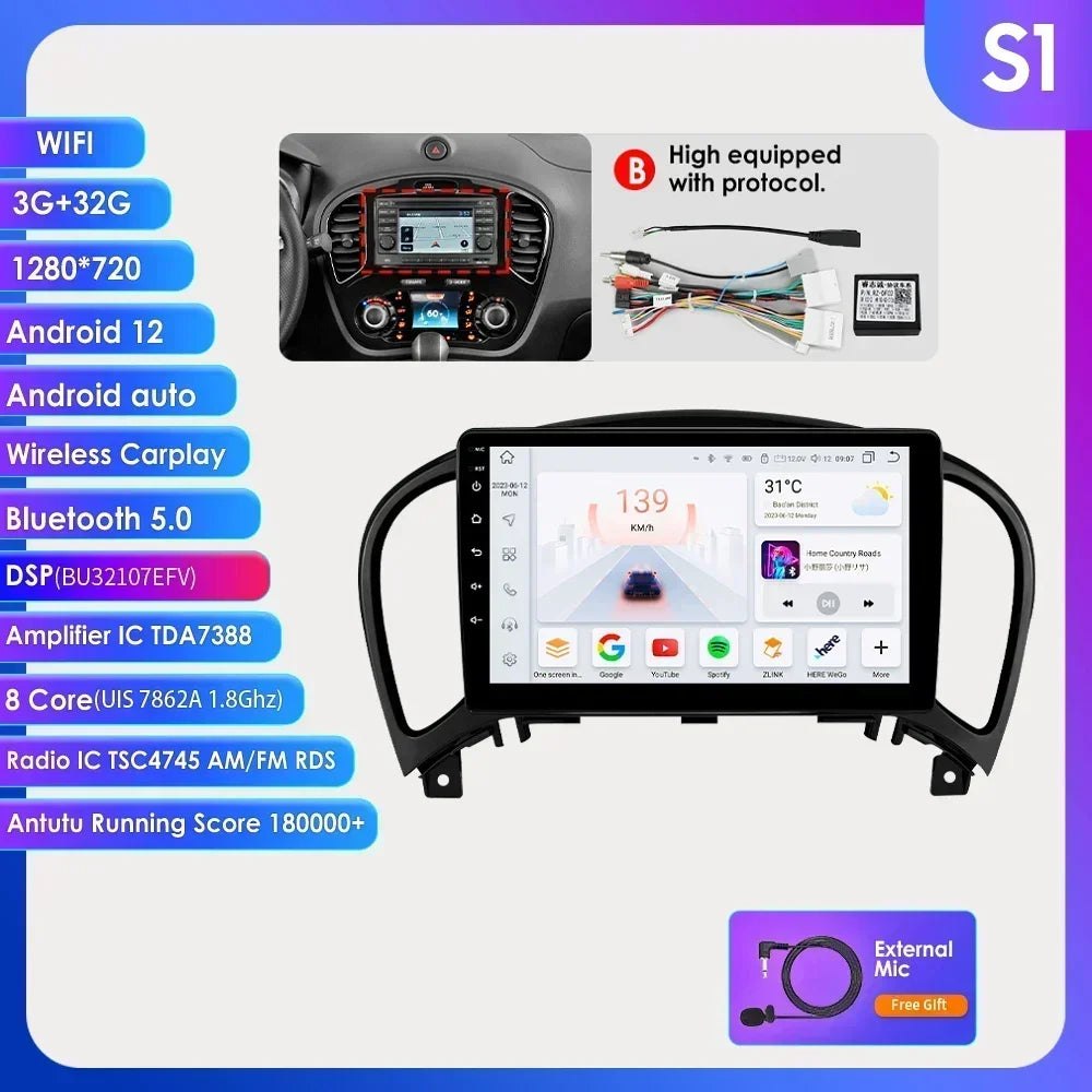 Nissan Juke YF15 2010-2014 9" Android 14 Carplay Android auto wireless wifi bt gps 4g AUTMKJSN