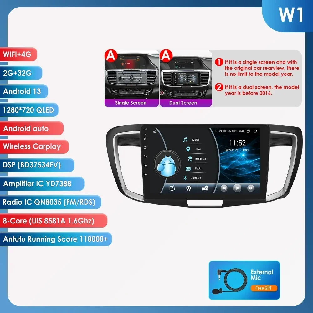 Honda ACCORD 9 2.0L 2.4L 2012  -2018  9"  Android 14 Carplay Android auto wireless wifi bt gps 4g  AUTMA22DH