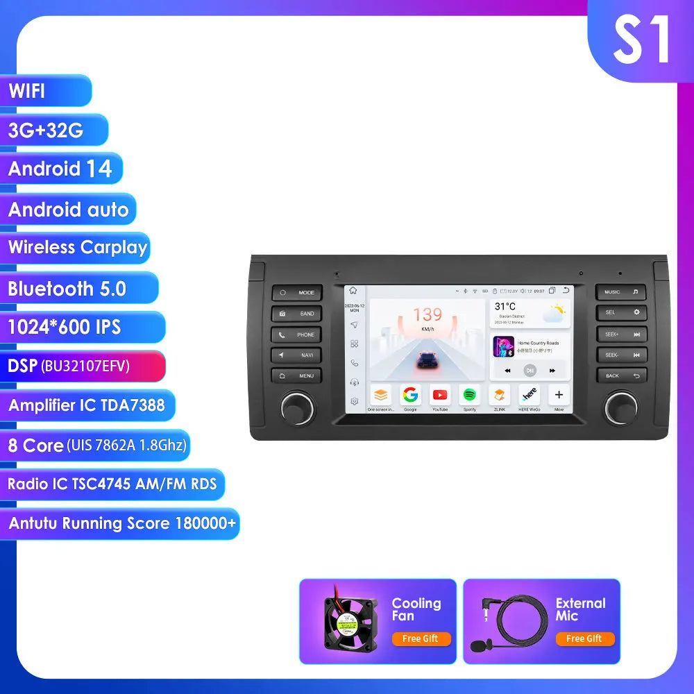 BMW 5 Series E39 X5 E53 M5 1996-2003 9" Android 14 Carplay Android auto wireless wifi bt gps 4g AUTMK1HA