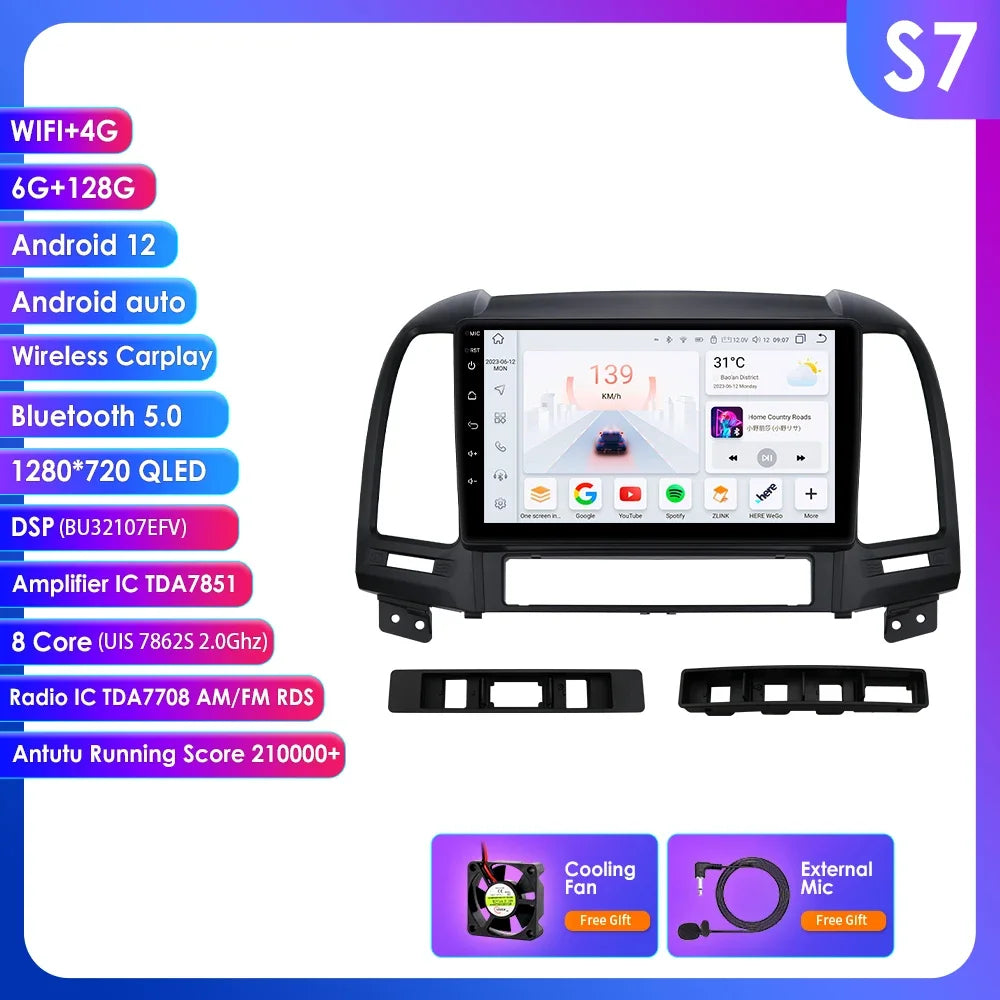 Hyundai Santa Fe 2 2006 - 2012 9" Android 14 Carplay Android auto wireless wifi bt gps 4g  AUTMC8Y7