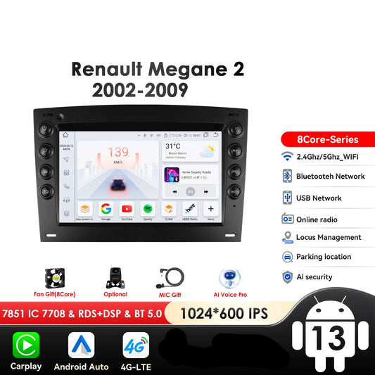 Renault Megane 2 2002-2009 7" Android 14 Carplay Android auto wireless wifi bt gps 4g AUTM6WAO